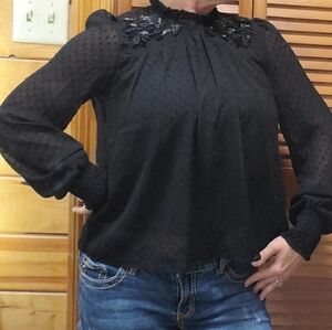 Black Chiffon Blouse Puff Bishop Sleeves With Beaded Ruffled Yoke Size Small